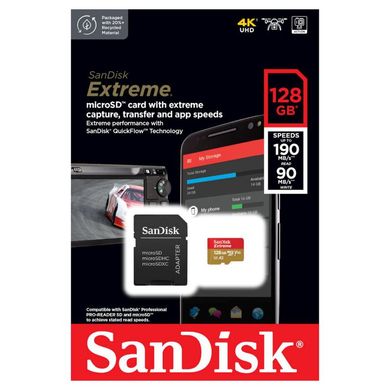 Купити Карта пам'яті SanDisk microSDXC Extreme 128Gb Class 10 UHS-I (U3) V30 A2 W-90MB/s R-190MB/s