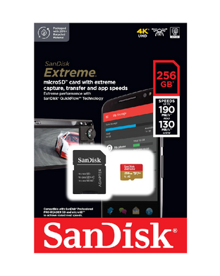 Купити Карта пам'яті SanDisk microSDXC Extreme 256GB Class 10 UHS-I (U3) V30 A2 W-130MB/s R-190MB/s