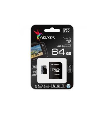 Купити Карта памяти microSDXC (UHS-1 U3) A-DATA Premier Pro 64Gb Class 10 V30S A2 (R-100Mbs W85Mbs) (адаптер SD)