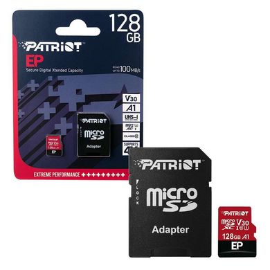Купити Карта пам'яті Patriot microSDXC EP Series 128GB Class 10 UHS-I (U3) V30 A1 W-80MB/s R-90MB/s +SD-адаптер