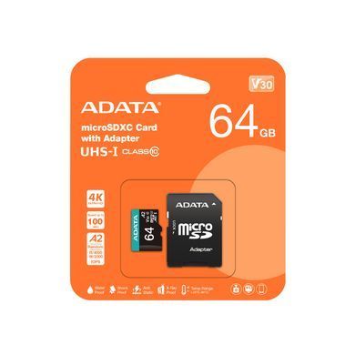 Купити Карта памяти microSDXC (UHS-1 U3) A-DATA Premier Pro 64Gb Class 10 V30S A2 (R-100Mbs W85Mbs) (адаптер SD)