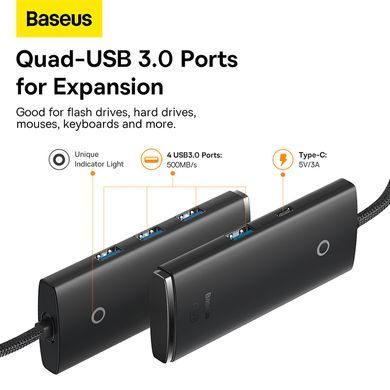 Купити USB-Hub Baseus Lite Series 4-Port Type-C HUB Adapter (Type-C to USB 3.0*4) 25cm Black