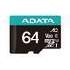 Карта памяти microSDXC (UHS-1 U3) A-DATA Premier Pro 64Gb Class 10 V30S A2 (R-100Mbs W85Mbs) (адаптер SD)