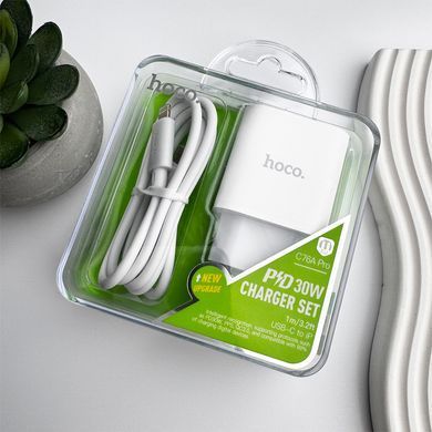 Купити Мережевий зарядний пристрій HOCO C76A Pro Majestic single port PD30W charger set (C to iP)(EU) White