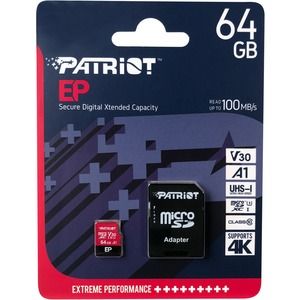 Купити Карта пам'яті Patriot microSDXC EP Series 64GB Class 10 UHS-I (U3) V30 A1 W-80MB/s R-100MB/s +SD-адаптер
