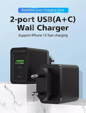 Купити Мережевий зарядний пристрій Vention Two-Port USB(A+C) (18W/20W) Black