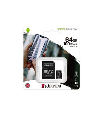Купити Карта пам'яті Kingston microSDXC Canvas Select Plus 64GB Class 10 UHS-I A1 W-10MB/s R-100MB/s +SD-адаптер