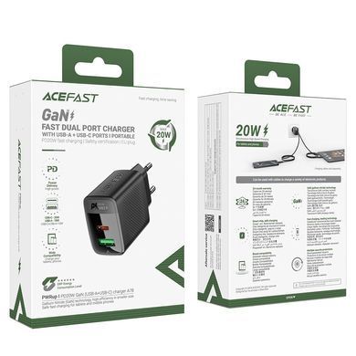 Купити Сетевой зарядное устройство ACEFAST A78 PD20W GaN (USB-A+USB-C) charger Black
