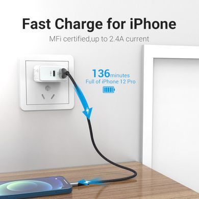 Купити Кабель Vention USB 2.0 A to Lightning Cable 1M Gray Aluminum Alloy Type (LABHF)