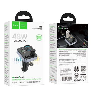Купити АЗП з FM-модулятором HOCO E86 Alegria 48W dual port PD30W+QC3.0 car BT FM transmitter Black