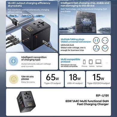 Купити Мережевий зарядний пристрій "REMAX 65W 1A4C Multifunctional GaN Fast Charger RP-U191" Black