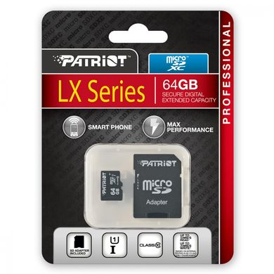 Купити Карта пам'яті Patriot microSDXC LX Series 64GB Class 10 UHS-I W-10MB/s R-80MB/s +SD-адаптер