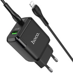 Купити Мережевий зарядний пристрій Hoco N5 Favor dual port PD20W+QC3.0 (cable C to iP) Black