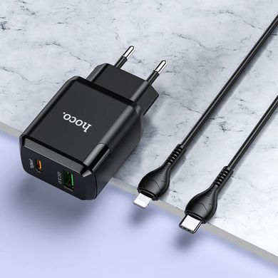 Купити Сетевое зарядное устройство Hoco N5 Favor dual port PD20W+QC3.0 (cable C to iP) Black