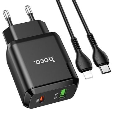 Купити Мережевий зарядний пристрій Hoco N5 Favor dual port PD20W+QC3.0 (cable C to iP) Black