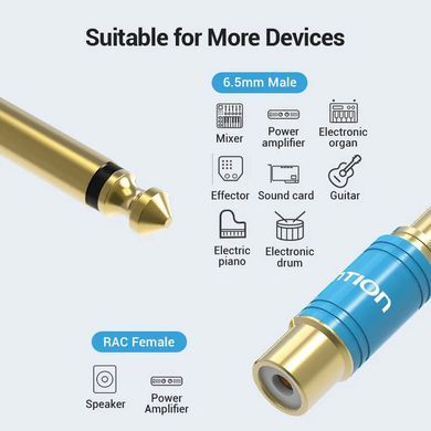 Купити Адаптер Vention 6.35mm Male to RCA Female Audio Adapter Blue Aluminum Alloy Type (VDD-C03)