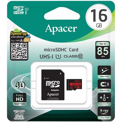 Купити Карта пам'яті Apacer microSDHC 16GB Class 10 UHS-I R-85MB/s +SD-адаптер