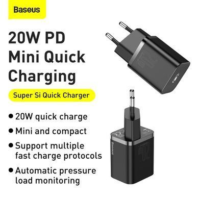 Купити Мережевий зарядний пристрій Baseus Super Si Quick Charger 1C 20W EU Black