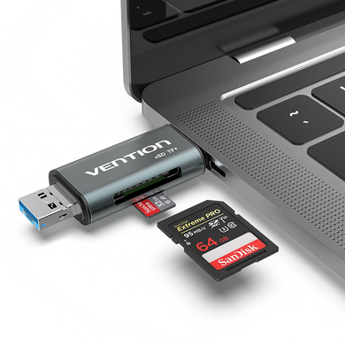 Купити Кардрiдер Vention USB 3.0 A/Micro USB-B/ Type-C to SD,TF Gray