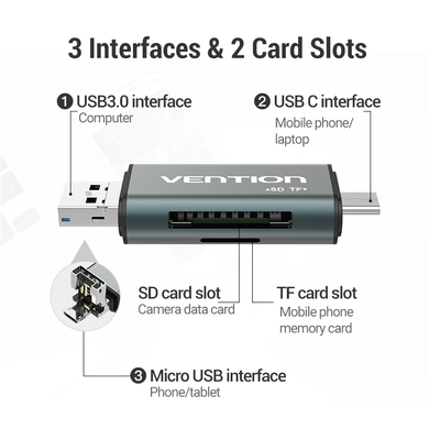 Купити Кардридер Vention USB 3.0 A/Micro USB-B/ Type-C to SD,TF Gray
