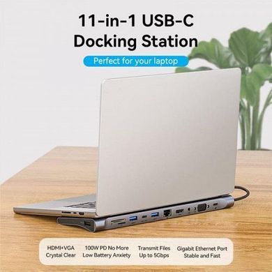 Купити USB-хаб Vention Multi-function USB-C to HDMI/VGA/USB-C Gen 1/USB 3.0x2/USB 2.0/RJ45/SD/TF/TRRS 3.5mm/PD Docking Station 0.25m