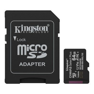 Купити Карта пам'яті microSDXC (UHS-1) Kingston Canvas Select Plus Gen3 64Gb class 10 А1 (R-100MB/s) with adaptor