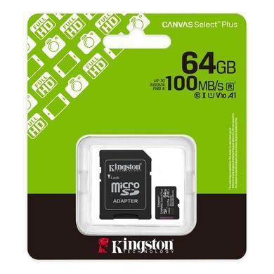 Купити Карта пам'яті microSDXC (UHS-1) Kingston Canvas Select Plus Gen3 64Gb class 10 А1 (R-100MB/s) with adaptor