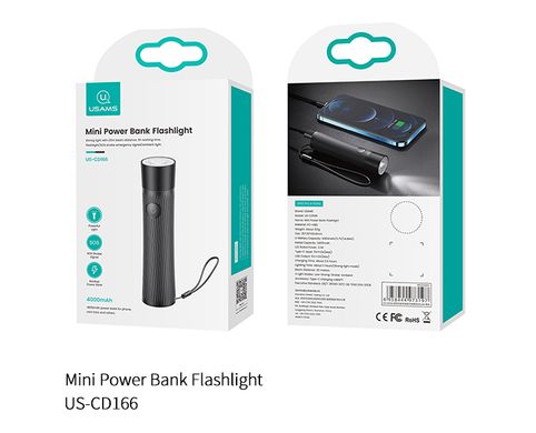 Купити Фонарик с наружным аккамулятором Usams US-CD166 Mini Power Bank Rechargeable LED Flashlight Black