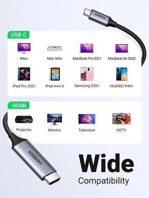 Купити Кабель UGREEN MM142 USB-C to HDMI Male to Male Cable Aluminum Shell 1.5m (Gray Black)(UGR-50570)