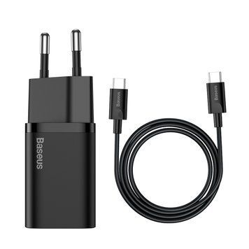 Купити Мережевий зарядний пристрій Baseus Super Si Quick Charger 1C 25W EU Sets Black（With Mini White Cable Type-C to Type-C 3A 1m Black）