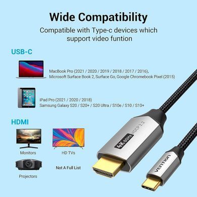 Купити Кабель Vention Cotton Braided USB-C to HDMI Cable 1M Black Aluminum Alloy Type