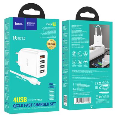 Купити Мережевий зарядний пристрій Hoco C102A Fuerza QC3.0 four-port charger set(iP) White