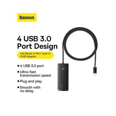 Купити USB-хаб Baseus Lite Series 4-Port Type-C HUB Adapter (Type-C to USB 3.0*4 ) 1m Black