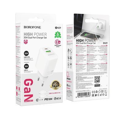 Купити Сетевой зарядное устройство BOROFONE BN29 Fuente PD30W+QC3.0 charger (EU) White