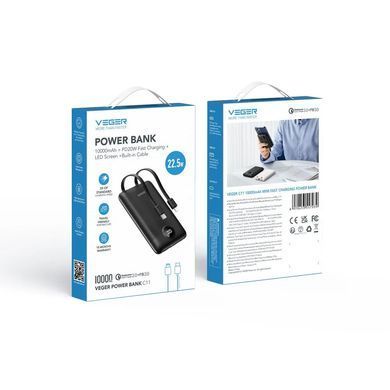 Купити Зовнішній акумулятор VEGER 10000 mAh with built-in cables Type C / Lightning PD QC3.0 2A 22,5W C11 (W1170) black