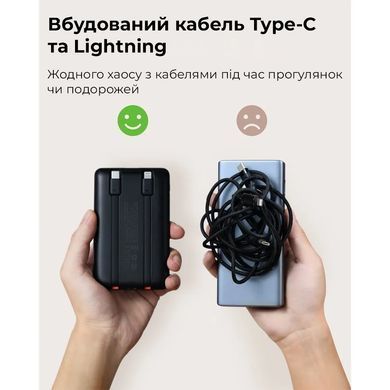 Купити Зовнішній акумулятор VEGER 10000 mAh with built-in cables Type C / Lightning PD QC3.0 2A 22,5W C11 (W1170) black