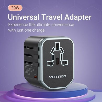 Купити Мережевий зарядний пристрій Vention 3-Port USB(C+A+A) Universal Travel Black