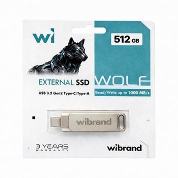 Купити Портативний SSD Wibrand Wolf 512GB USB 3.2 Gen.2 Type-C/Type-A Read/Write 1000MB/s Silver