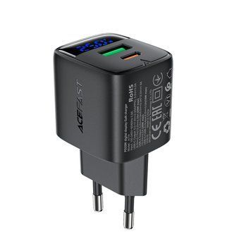 Купити Мережевий зарядний пристрій ACEFAST A114 PD25W GaN charger (USB-A+USB-C) with digital display Black
