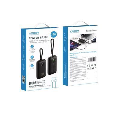 Купити Зовнішній акумулятор VEGER 10000 mAh with built-in cables Type C / Lightning PD QC3.0 35W K1 (W1188) black