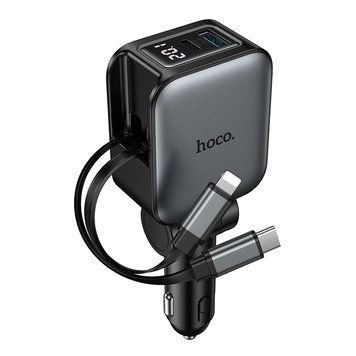 Купити Автомобільний зарядний пристрій HOCO Z67A Triunfar PD60W(1C1A)+Type-C/iP car charger with dual telescopic cable and digital display dark Metal Gray