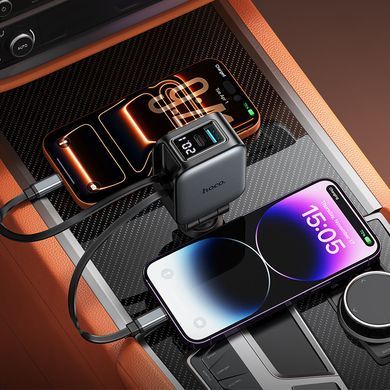 Купити Автомобільний зарядний пристрій HOCO Z67A Triunfar PD60W(1C1A)+Type-C/iP car charger with dual telescopic cable and digital display dark Metal Gray