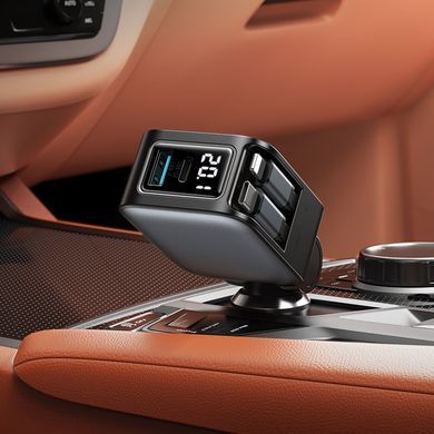 Купити Автомобільний зарядний пристрій HOCO Z67A Triunfar PD60W(1C1A)+Type-C/iP car charger with dual telescopic cable and digital display dark Metal Gray