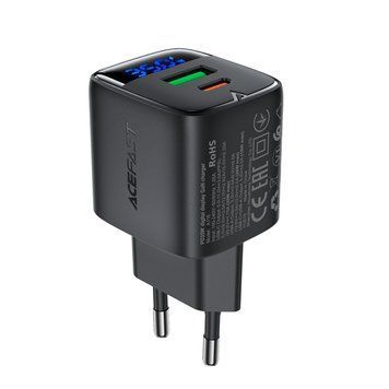 Купити Мережевий зарядний пристрій ACEFAST A116 PD35W GaN charger (USB-A+USB-C) with digital display Black