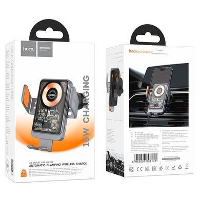 Купити Автотримач для телефона з БЗП HOCO HW7 Transparent Discovery Edition wireless fast charging car holder(air outlet) Metal Gray