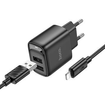 Купити Мережевий зарядний пристрій з кабелем HOCO C141A Smart dual-port charger set(iP) Black