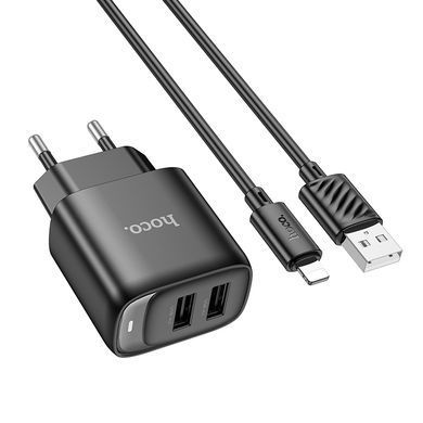 Купити Мережевий зарядний пристрій з кабелем HOCO C141A Smart dual-port charger set(iP) Black