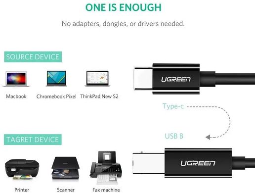 Купити Кабель для принтера UGREEN US241 Type-C USB Type-В 1m Black